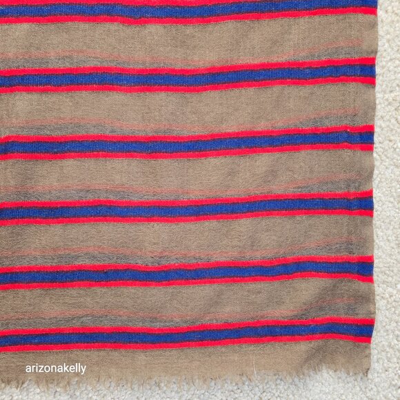 NWOT Wool Lightweight Woven Scarf Wrap Tan With Blue & Red Stripes - Picture 3 of 9